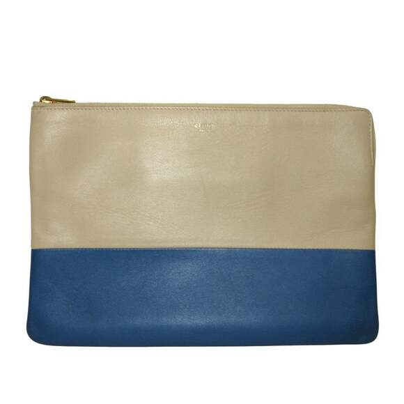 CELINE Solo Two-Tone Leather Clutch Bag in Beige and Blue for Women